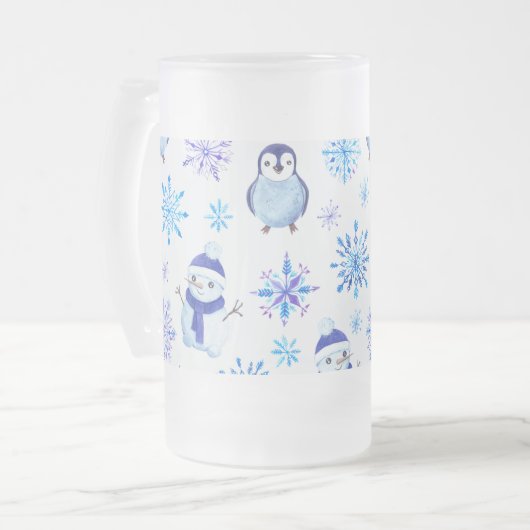 Kerstmis Sneeuwvlokken, sneeuwpoppen en pinguïns Matglas Bierpul (Voorkant links)