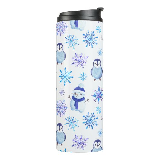 Kerstmis Sneeuwvlokken, sneeuwpoppen en pinguïns Thermosbeker (Gedraaid links)