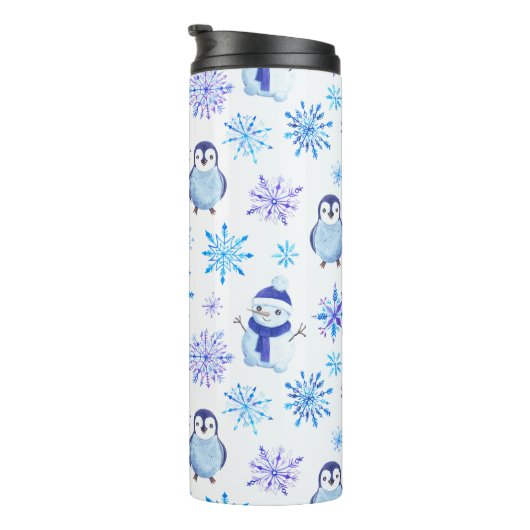 Kerstmis Sneeuwvlokken, sneeuwpoppen en pinguïns Thermosbeker (Geroteerd rechts)