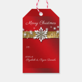 Kerstmis Sneeuwvlokken Sparkle Red Satin Cadeaulabel