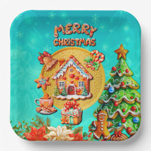 Kerstmis Snoephuisje van Gemberkoek en Nieuwjaar Papieren Bordje
