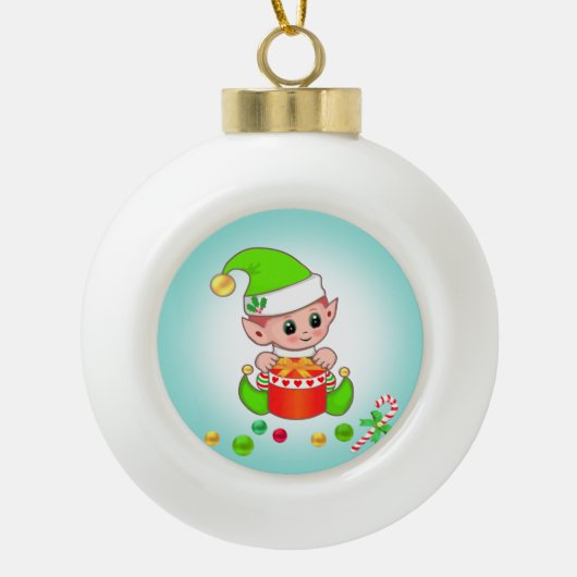 Kerstmis, snoepsuikerriet en Confetti op Blauwgroe Keramische Bal Ornament (Voorkant)