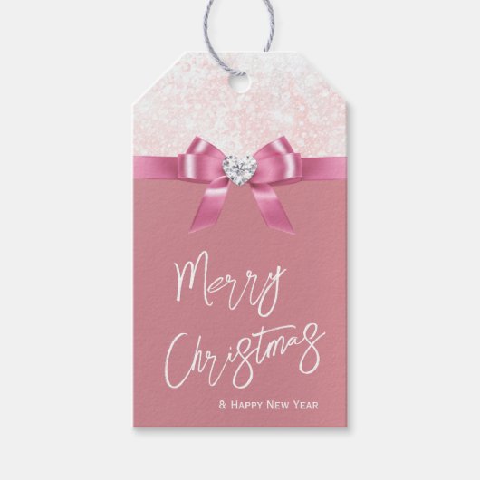 Kerstmis Snowflake Roze Ribbon Diamant Cadeaulabel (Voorkant)