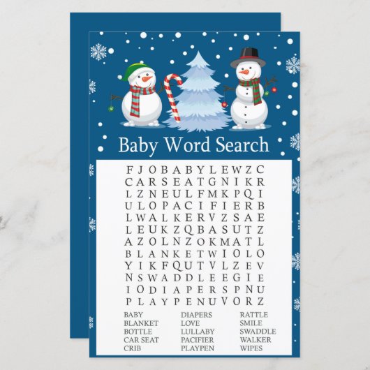 Kerstmis Snowman Baby shower Word Search Game (Voorkant / Achterkant)