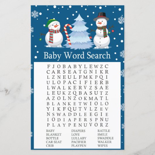 Kerstmis Snowman Baby shower Word Search Game (Voorkant)