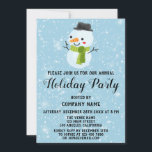 Kerstmis Snowman Company Holiday Party White Snow Kaart<br><div class="desc">Viel het vakantieseizoen vieren met deze schattige, feestelijke sneeuwman met een groene sjaal en een zwarte pet die elk jaar op feestdag wordt uitgenodigd. De partijdetails worden geschreven in een witte, gewaagde zwarte manuscripttypografie met een lichtblauwe achtergrond met dalende witte sneeuwvlokken. Deze uitnodiging is perfect voor een feestdag, kerstfeest en...</div>
