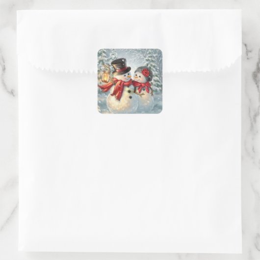Kerstmis Snowman Couple Vierkante Sticker (Tas)