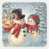 Kerstmis Snowman Couple Vierkante Sticker (Voorkant)