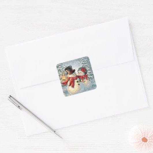 Kerstmis Snowman Couple Vierkante Sticker (Envelop)