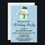 Kerstmis Snowman Holiday White Snow Kaart<br><div class="desc">Viel het vakantieseizoen vieren met deze schattige,  feestelijke sneeuwman met een groene sjaal en een zwarte feestdag in het pet. De partijdetails worden geschreven in een witte,  gewaagde zwarte manuscripttypografie met een lichtblauwe achtergrond met dalende witte sneeuwvlokken. Deze uitnodiging is perfect voor een feestdag,  kerstfeest en winterfeest!</div>
