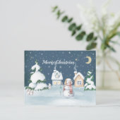 Kerstmis Snowman Houses Rabbit Waterverf Feestdagenkaart