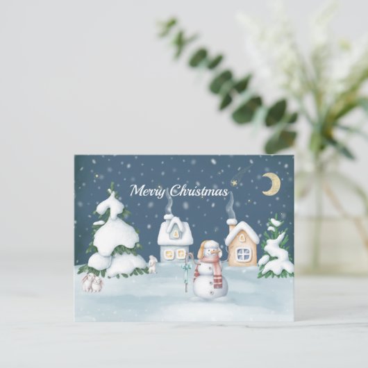 Kerstmis Snowman Houses Rabbit Waterverf Feestdagenkaart (Staand voorkant)