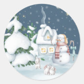 Kerstmis Snowman Houses Rabbit Waterverf Ronde Sticker (Voorkant)