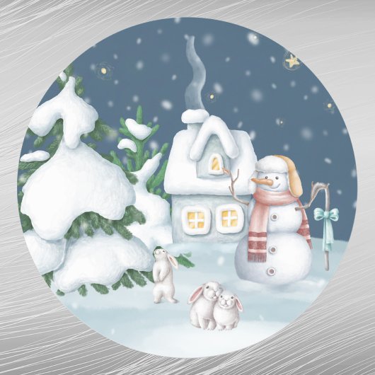 Kerstmis Snowman Houses Rabbit Waterverf Ronde Sticker