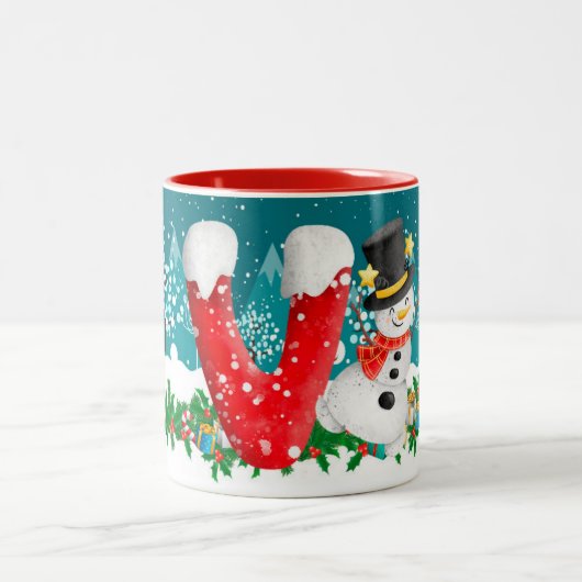 Kerstmis Snowman Initiaal Letter Monogram Mok (Center)