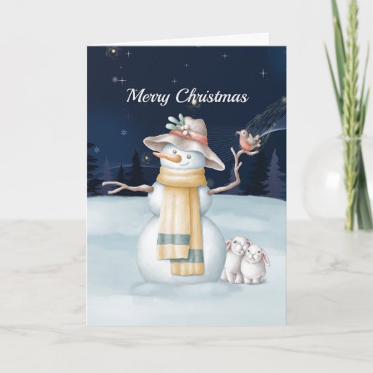 Kerstmis Snowman Rabbit Bird Pet Night Feestdagen Kaart (Voorkant)