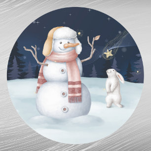 Kerstmis Snowman Rabbit Carrot Waterverf Ronde Sticker