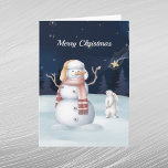 Kerstmis Snowman Rabbit Star Waterverf Night Feestdagen Kaart<br><div class="desc">Een sneeuwman en konijn.</div>