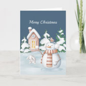 Kerstmis Snowman Rabbit Trees Snowball Waterverf Feestdagen Kaart (Voorkant)