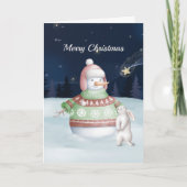Kerstmis Snowman Rabbit Waterverf Night Feestdagen Kaart (Voorkant)