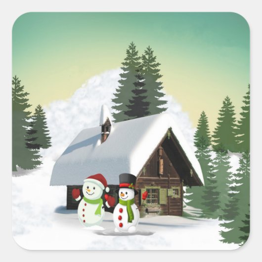 Kerstmis Snowman Scene Vierkante Sticker (Voorkant)