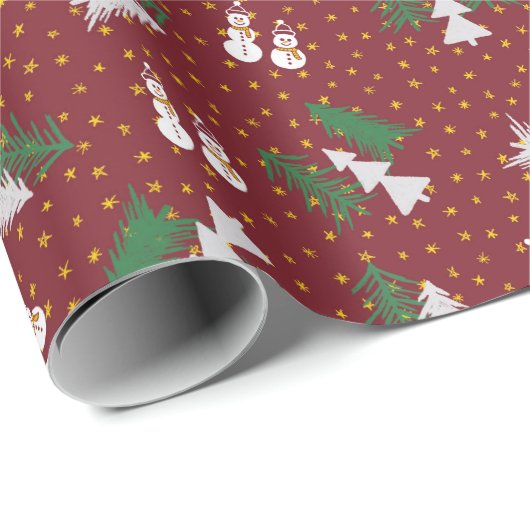 Kerstmis - Snowmen & Tremen - donkerrood Cadeaupapier (Rol Hoek)