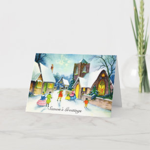 Kerstmis: Snowy Holiday Towns Mensen Feestdagen Kaart