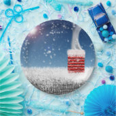 Kerstmis Snowy Winter Chimney Rooftop Papieren Bordje (Feest)