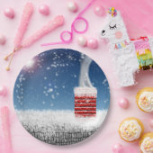 Kerstmis Snowy Winter Chimney Rooftop Papieren Bordje (Feest)
