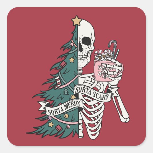 Kerstmis Sorta Scary Sorta Merry Funny Skeleton Vierkante Sticker (Voorkant)