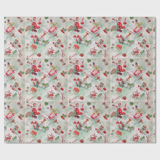 Kerstmis,  speelgoed, stokken, snoepriet cadeaupapier (Vlak)