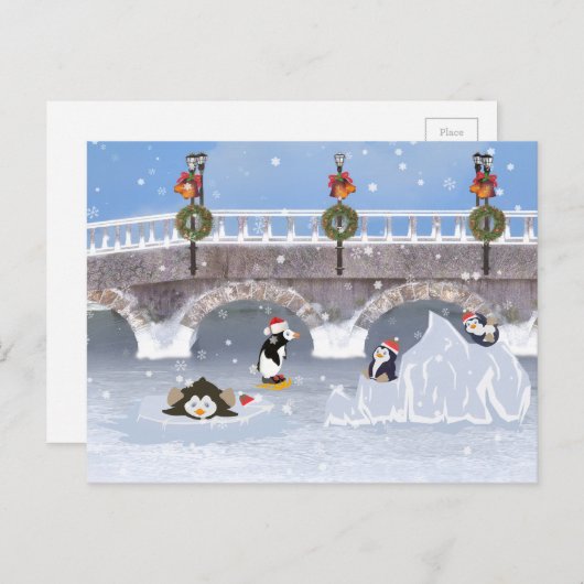 Kerstmis, Speelse Pinguïnen op Bevroren Meer Feestdagenkaart (Voorkant / Achterkant)