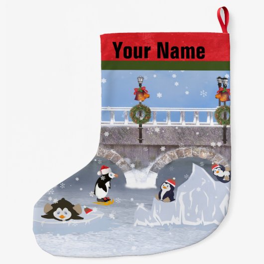 Kerstmis, speelse pinguïns op het meer van de diep grote kerstsok (Achterkant)