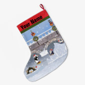 Kerstmis, speelse pinguïns op het meer van de diep grote kerstsok (Achterkant (Hangend))