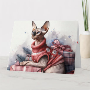 Kerstmis Sphynx Kat Kunst Aquarel Kerstkaart Bedankkaart