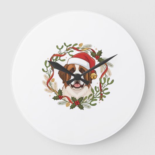 Kerstmis St Bernard Honden Santa Hoed Krans Grote Klok (Voorkant)