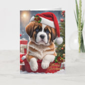 Kerstmis St. Bernard puppy in een mand Feestdagen Kaart (Voorkant)