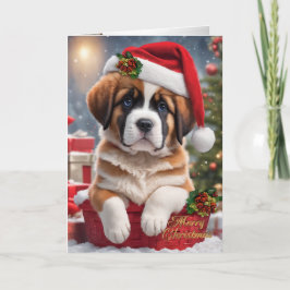 Kerstmis St. Bernard puppy in een mand Feestdagen Kaart