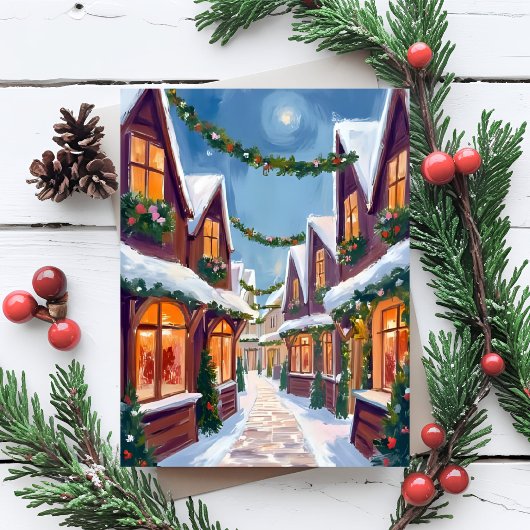 Kerstmis Stad Aquarel Feestdagenkaart
