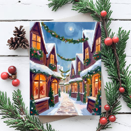 Kerstmis Stad Watercolor Feestdagenkaart
