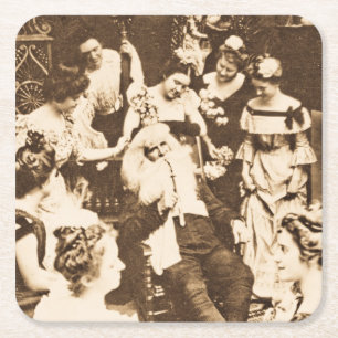 Kerstmis stereoview van Kerstman en de dames in vi Kartonnen Onderzetters