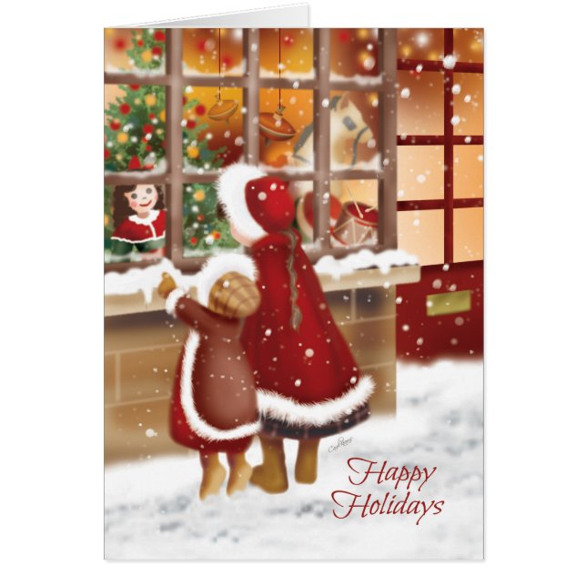 Kerstmis.  Stijl Kinderen die in de Speelgoed kijk (Voorkant)