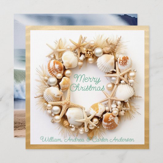 Kerstmis Strandgolven Schelpen Zeesterren Parels Feestdagenkaart (Voorkant / Achterkant)