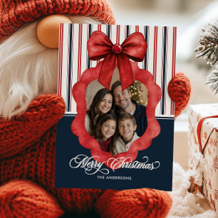 Kerstmis Strik en Lint Familie Foto Feestdagenkaart