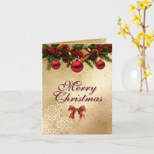 Kerstmis strikken & slinger rood & goud elegant  kaart (Gele Bloem)