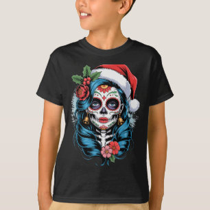 Kerstmis Suiker Skull Kunst Vrouw Santa Hoed Festi T-shirt