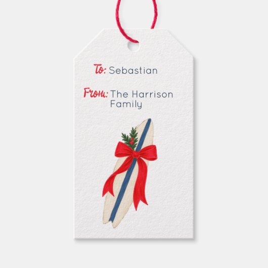 Kerstmis Surfplank Hamptons Cadeaulabel (Voorkant)
