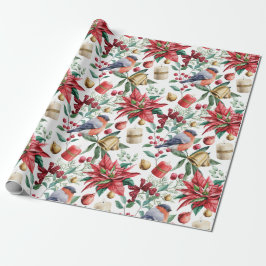 Kerstmis Symbolen met Poinsettia met Rode Robin Cadeaupapier