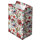 Kerstmis Symbolen met Poinsettia met Rode Robin Medium Cadeauzakje (Voorkant Gekanteld)