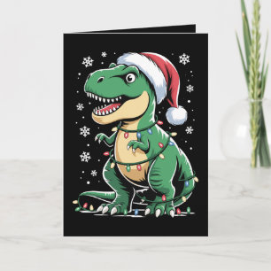 Kerstmis T Rex Dinosaurus Kerstman Hoed Lichten Sn Kaart